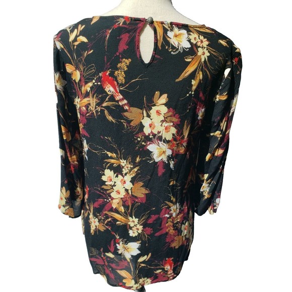 J. Jill Womens Sz S Floral Bird Patterned Rayon Blouse Keyhole Back 3/4 Sleeves - Picture 7 of 10